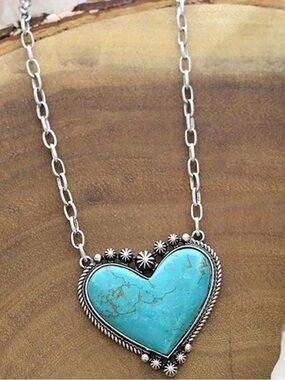 Turquoise Heart Pendant Necklace with Silver-Tone Rope Detailing
